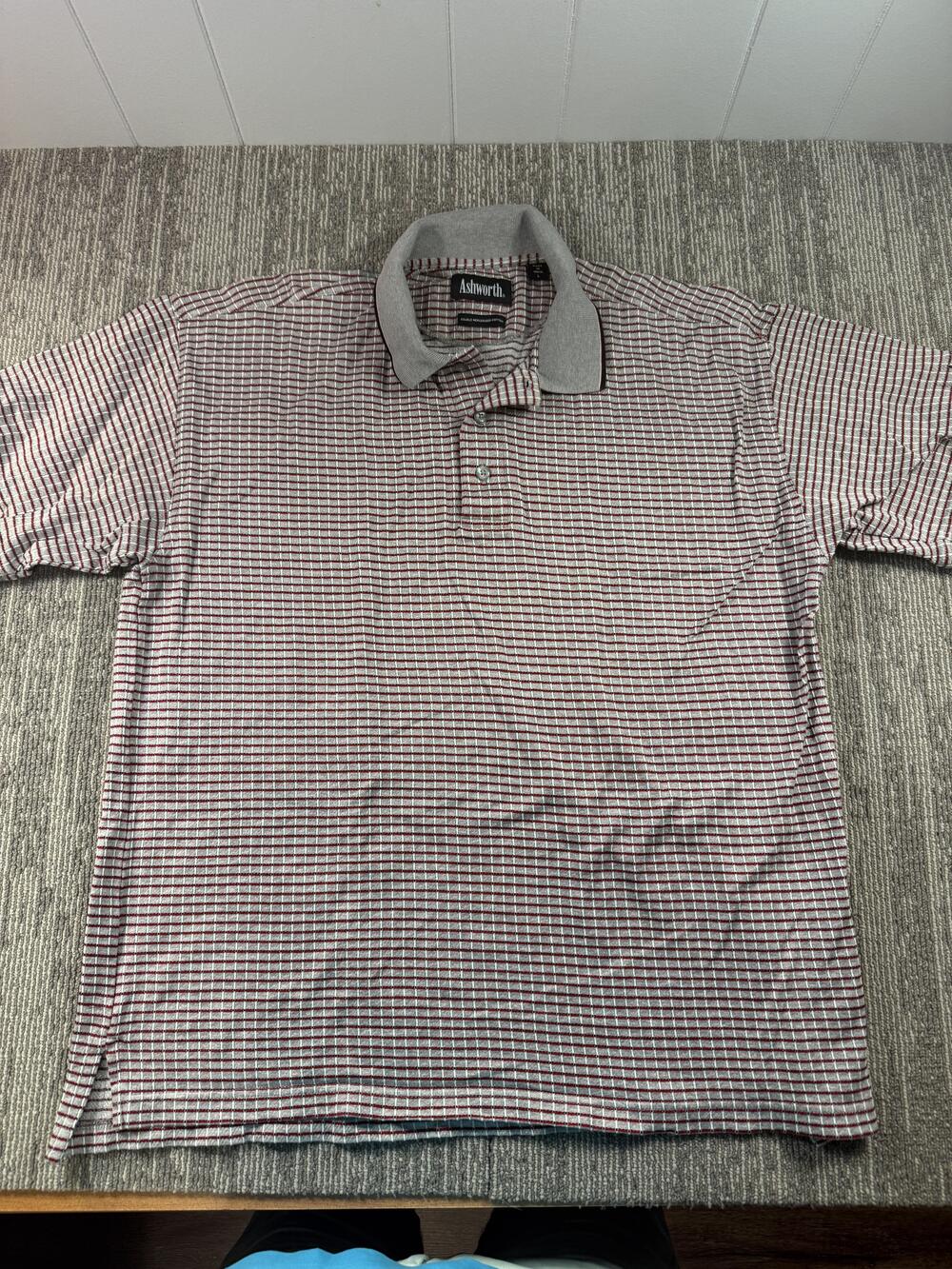 Ashworth Polo Shirt Mens Large Gray Check Double Mercerized Cotton Golf